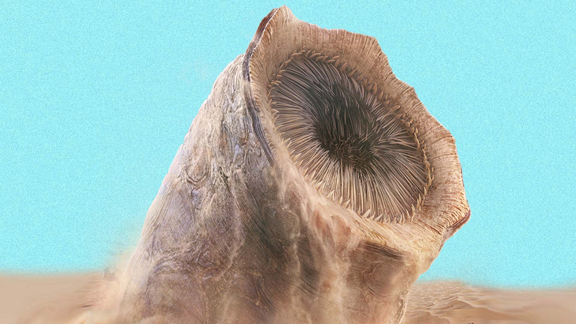 Ein Bild zeigt einen riesigen Wurm von Dune, der aus dem Sand springt. 